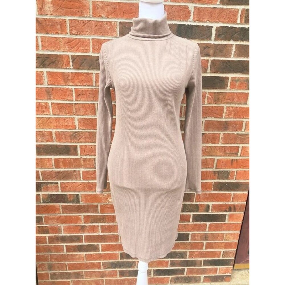Old Navy Womens Small Mushroom Grey Ribbed Mockneck Midi Dress Soft Long Sleeve